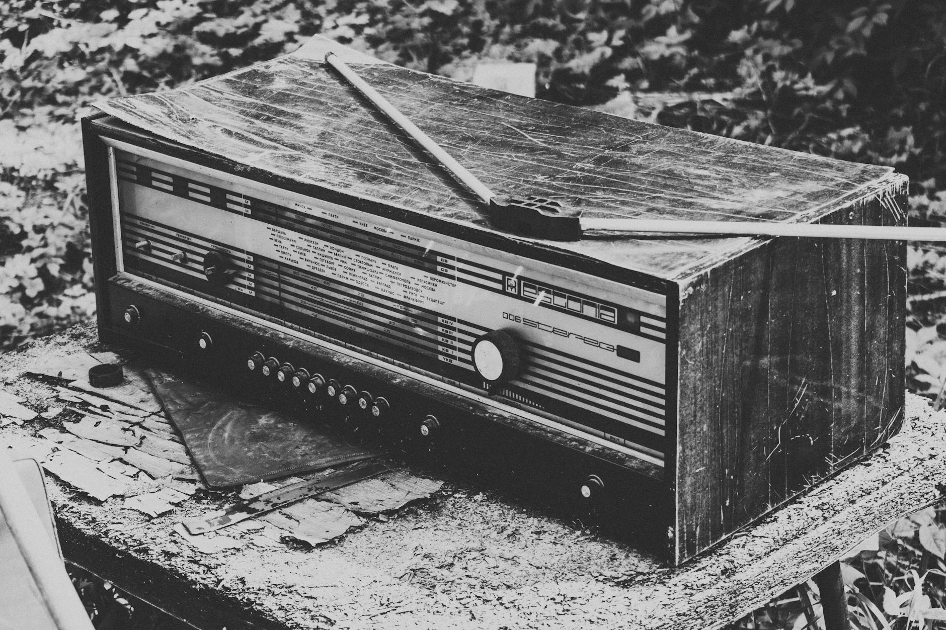 Symboliczna ilustracja przedstawiająca las i fale radiowe, nawiązująca do Rzeszowa, wypadku leśnego i przerwy w emisji radiowej.